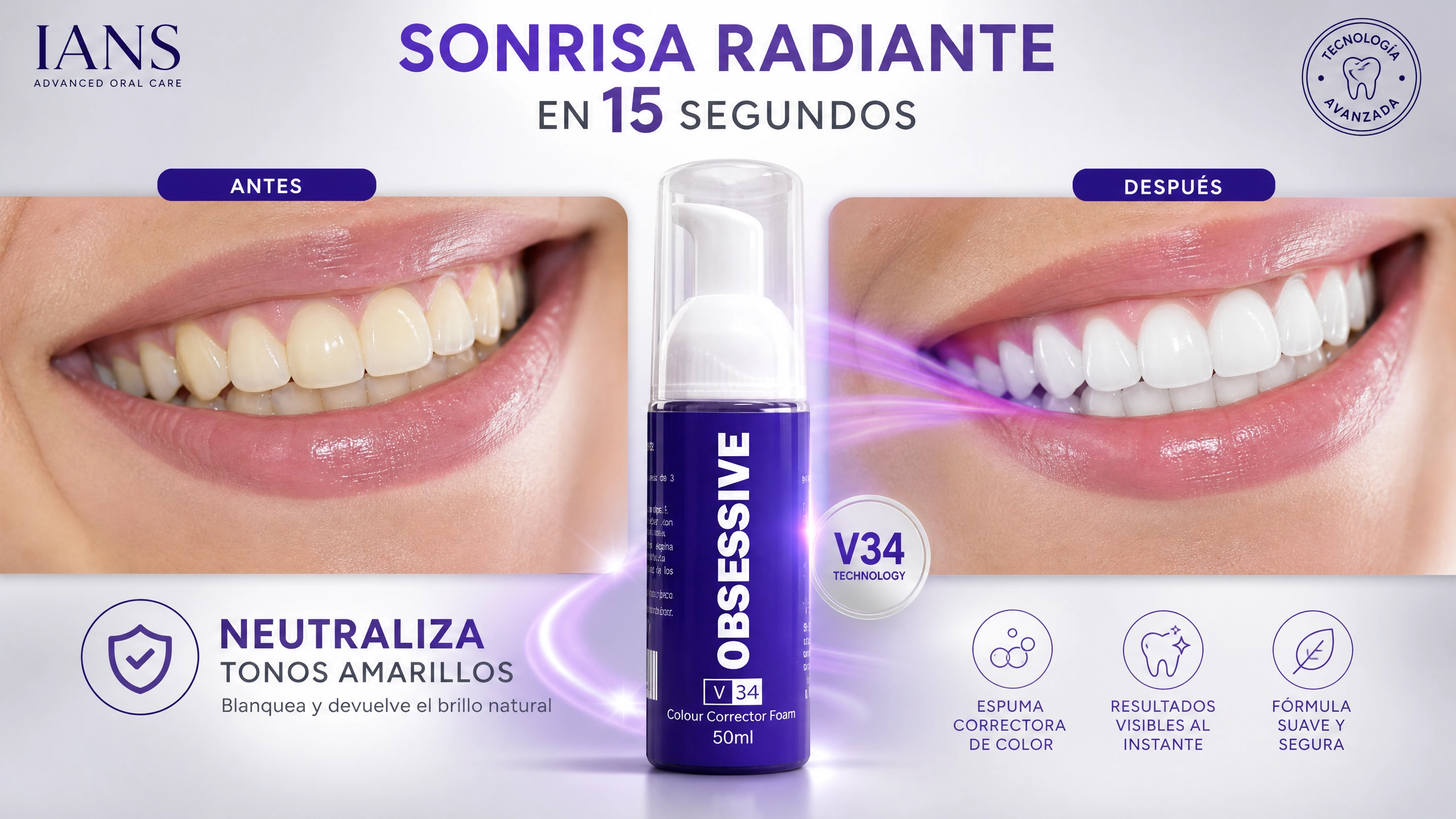 Sonrisa Radiante en 15 Segundos - Espuma Blanqueadora V34